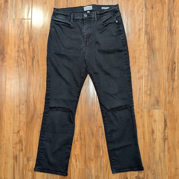 Frame Le High Straight Leg Jeans Women's 32 Black Distressed Knee Denim Pant - Picture 1 of 7